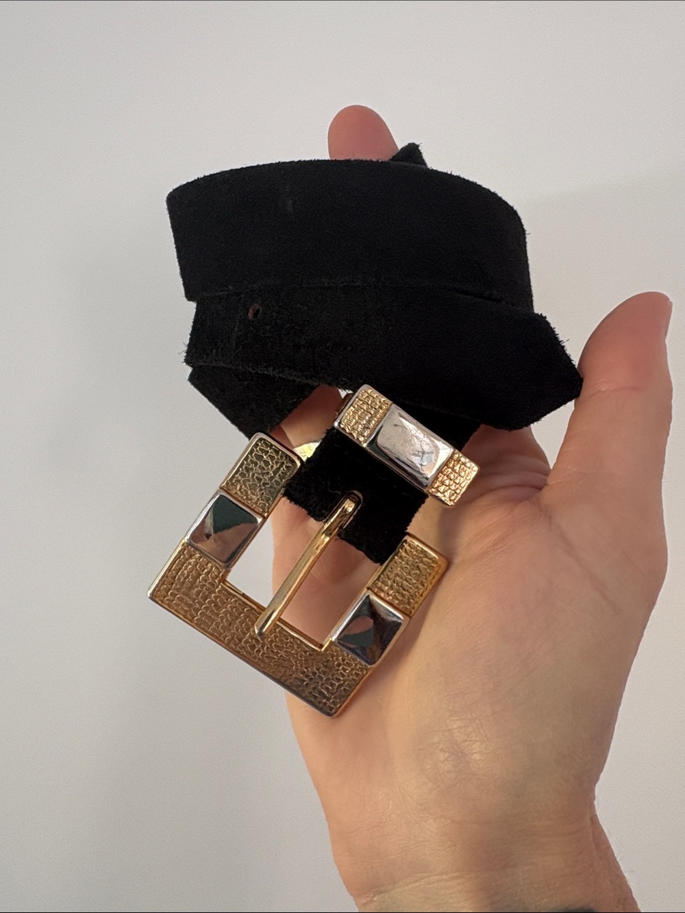 Vintage Black Suede Belt with Gold Tone Buckle — Les Creations Elite